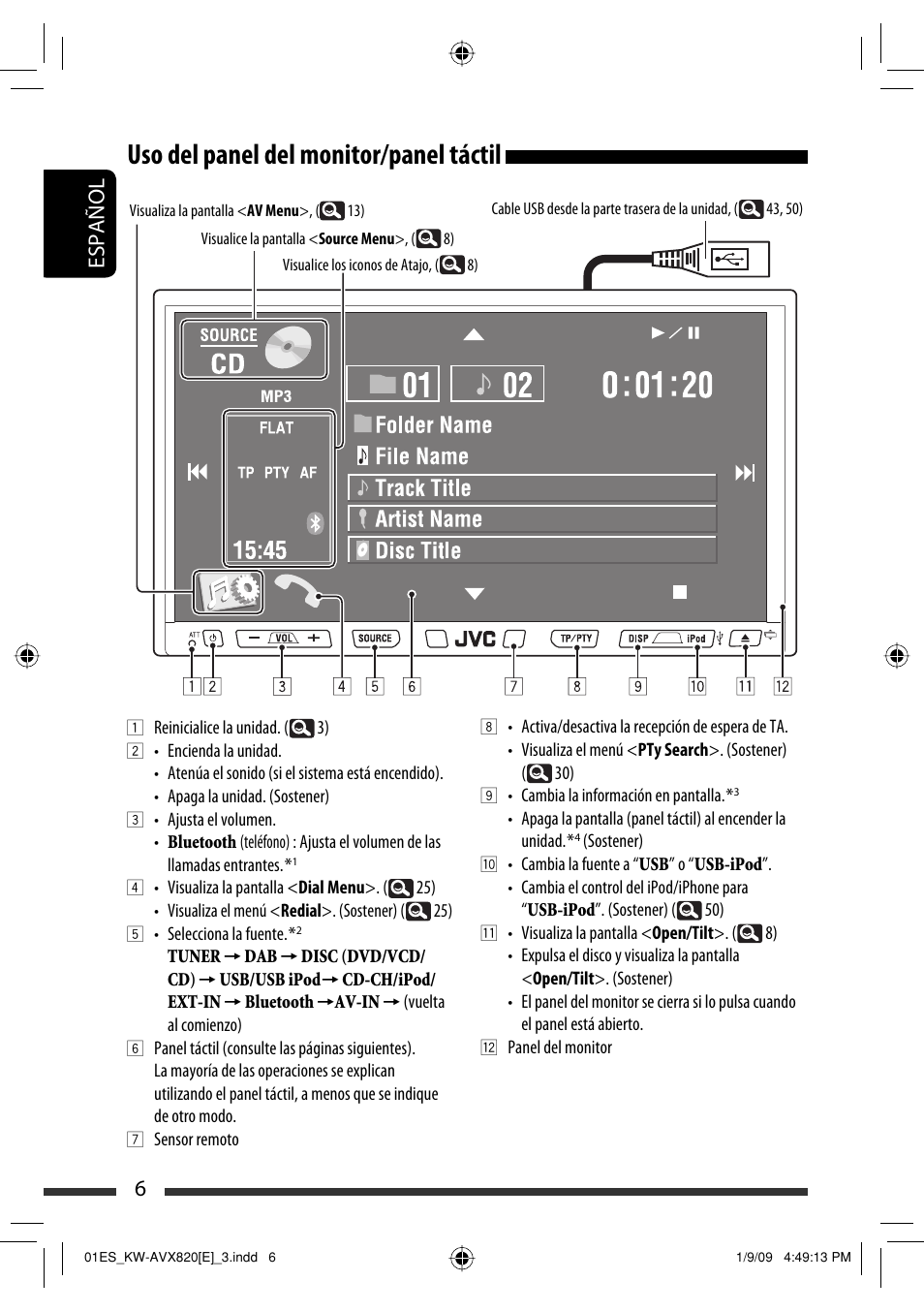 Uso del panel del monitor/panel táctil, 6español | JVC KW-AVX820 User Manual | Page 8 / 285