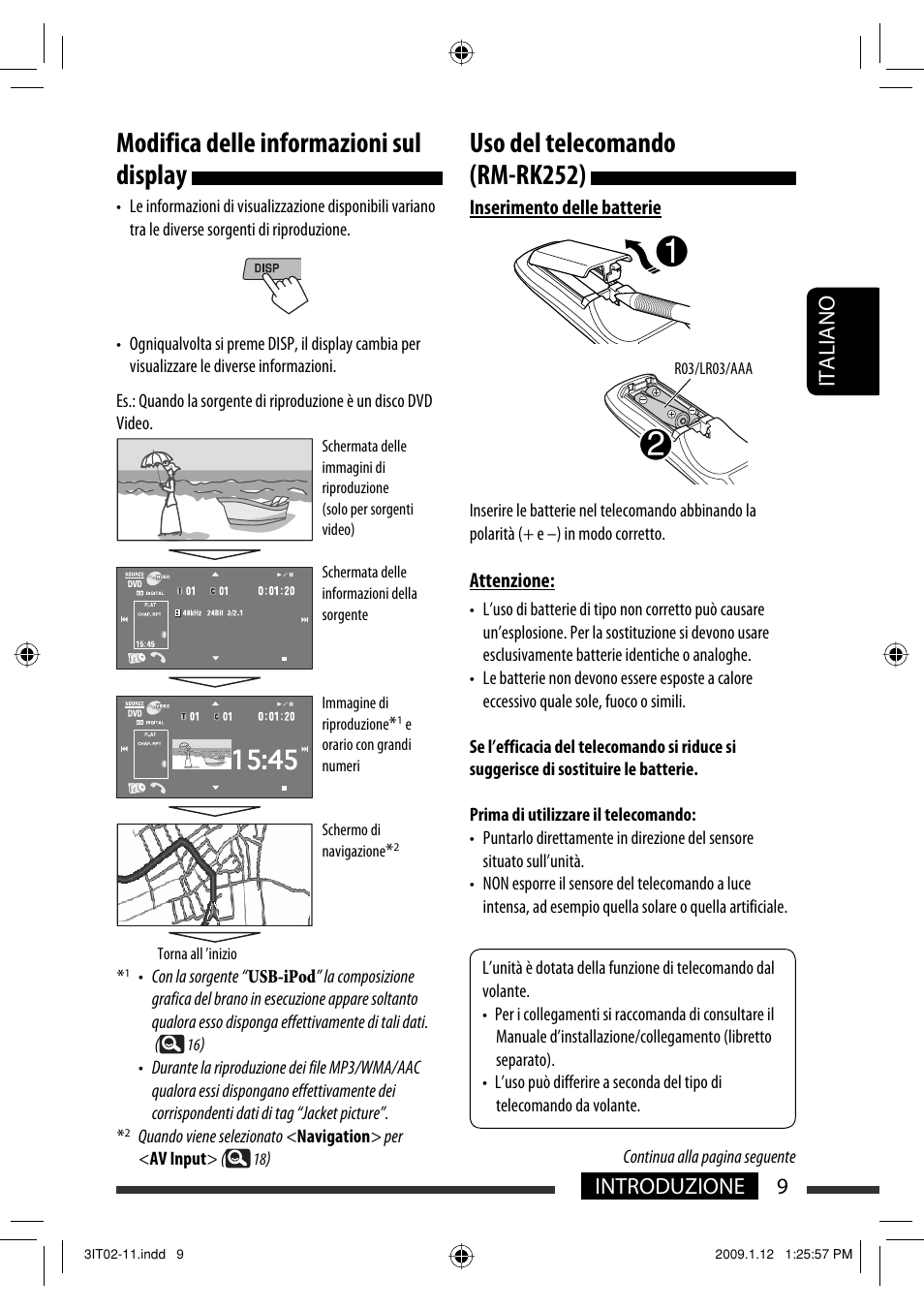Modifica delle informazioni sul display, Uso del telecomando (rm-rk252), 9introduzione italiano | JVC KW-AVX820 User Manual | Page 81 / 285