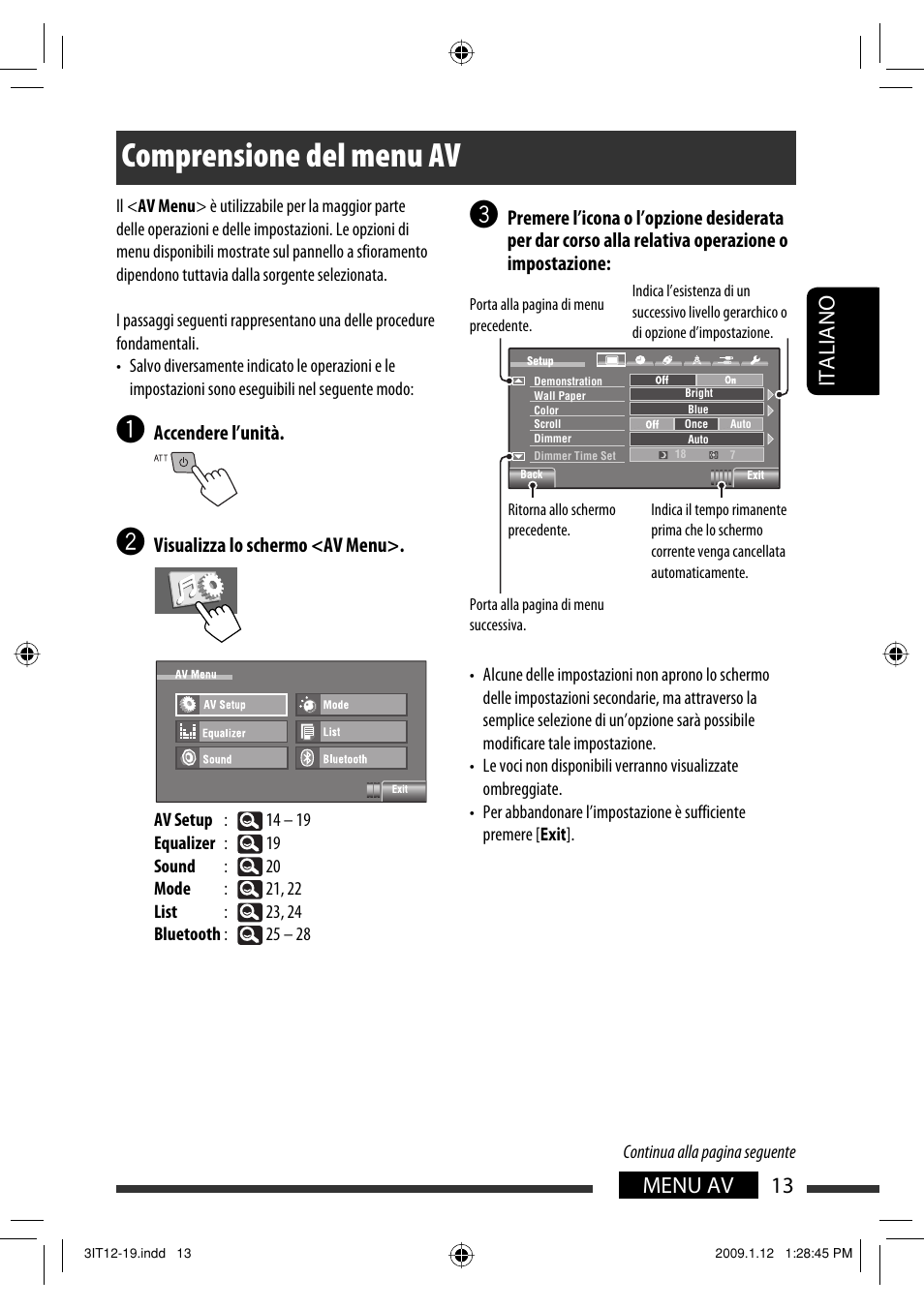 Comprensione del menu av, 13 menu av italiano | JVC KW-AVX820 User Manual | Page 85 / 285