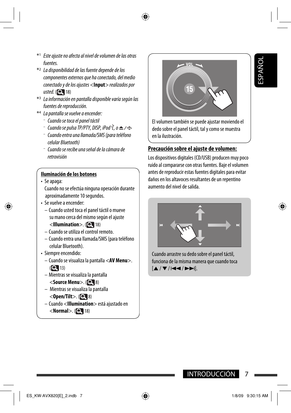 7introducción español, Precaución sobre el ajuste de volumen | JVC KW-AVX820 User Manual | Page 9 / 285