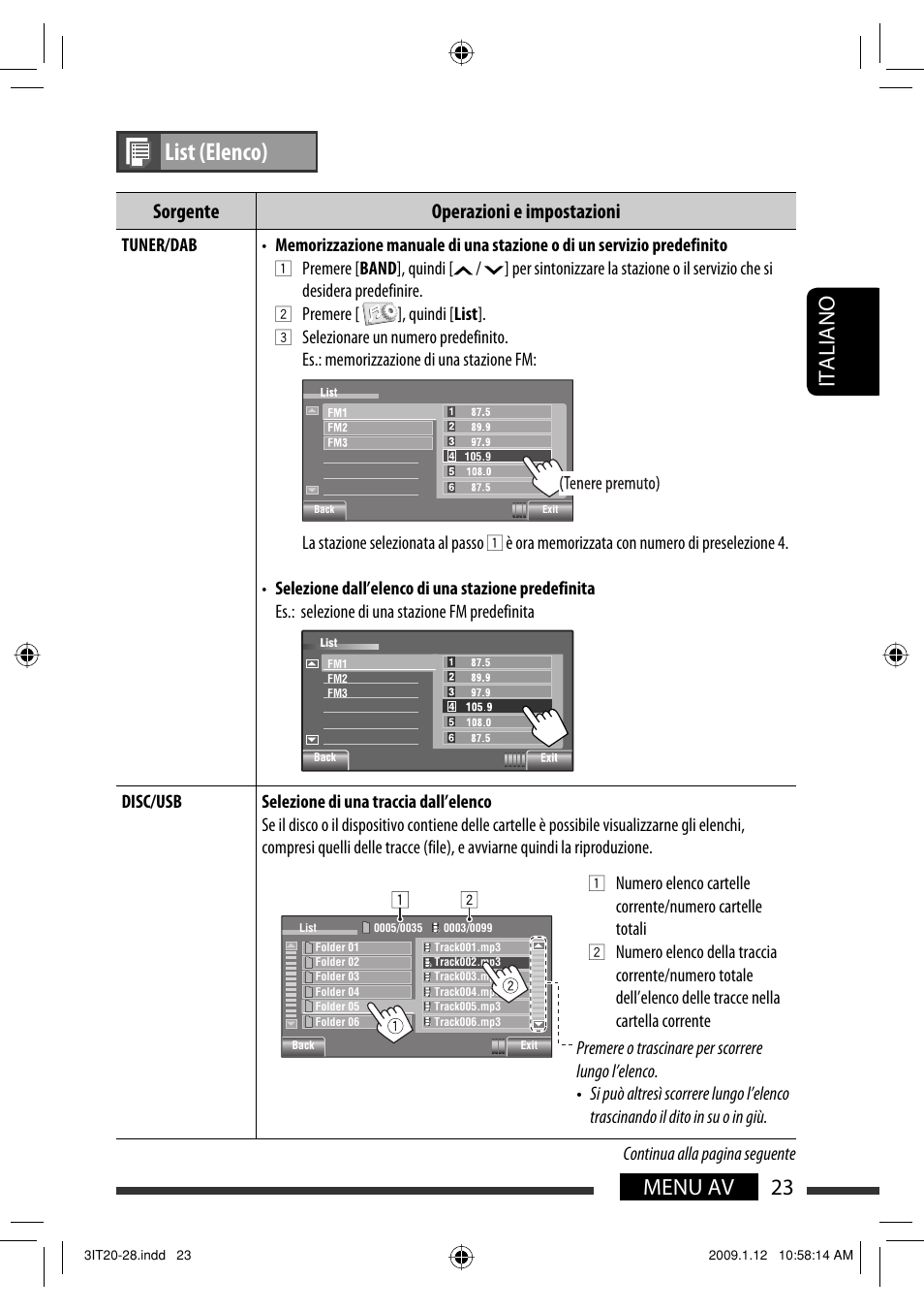 List (elenco), 23 menu av italiano, Sorgente operazioni e impostazioni | JVC KW-AVX820 User Manual | Page 95 / 285