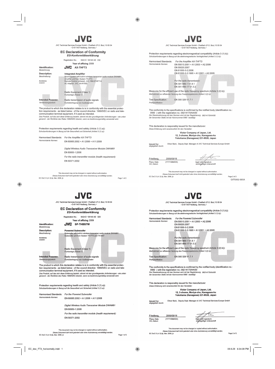 Ec declaration of conformity | JVC TH-FT3 User Manual | Page 2 / 2