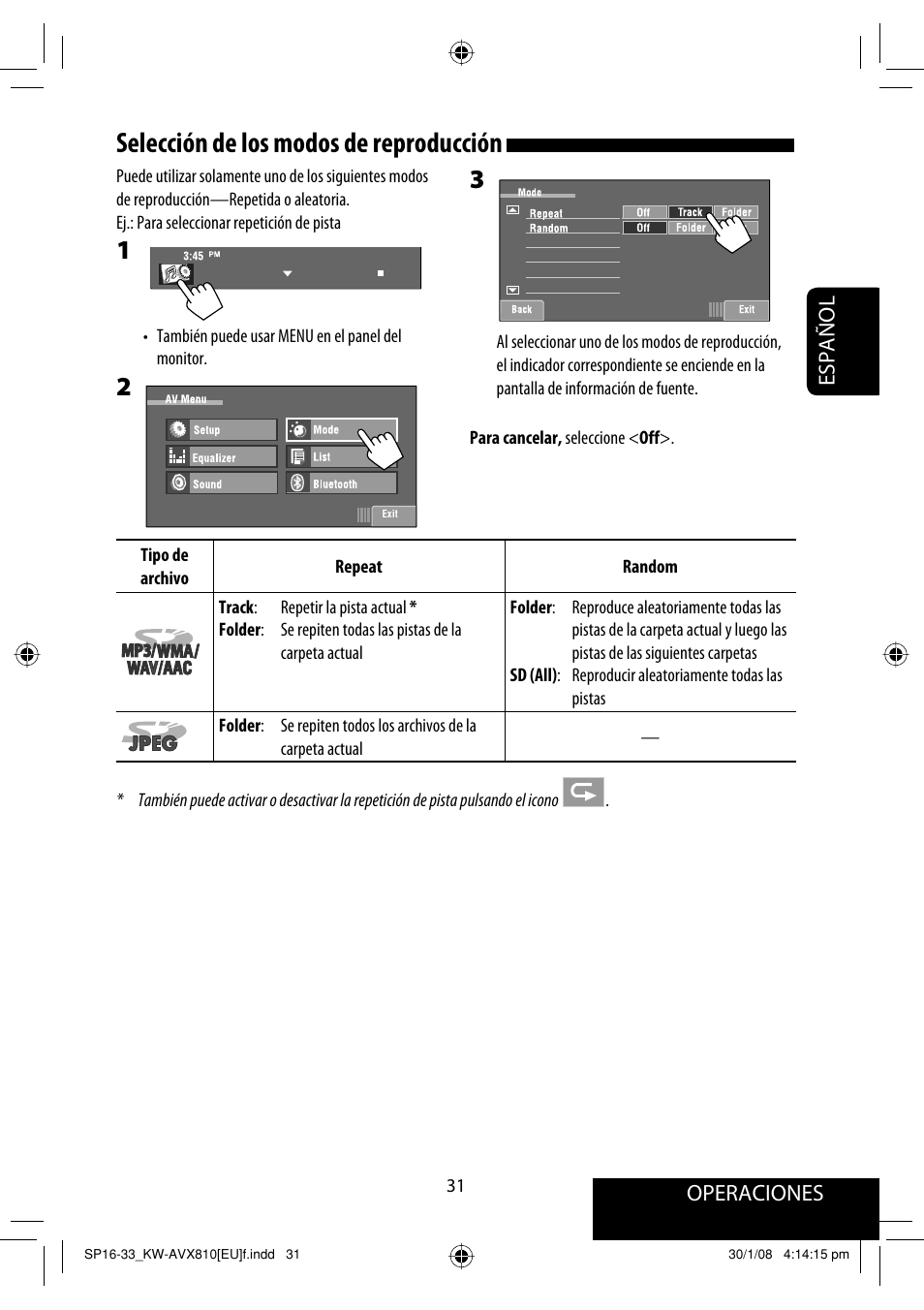 Selección de los modos de reproducción, Operaciones, Español | JVC KW-AVX810 User Manual | Page 105 / 225