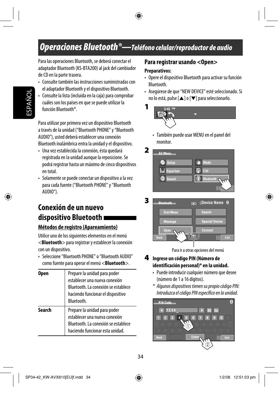 Operaciones bluetooth, Conexión de un nuevo dispositivo bluetooth, Teléfono celular/reproductor de audio | Español para registrar usando <open | JVC KW-AVX810 User Manual | Page 108 / 225