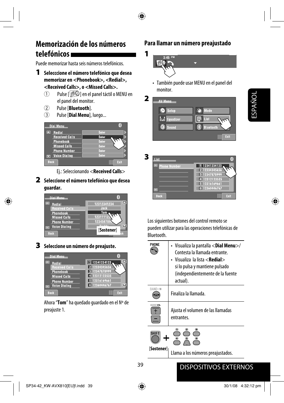 Dispositivos externos, Español para llamar un número preajustado | JVC KW-AVX810 User Manual | Page 113 / 225