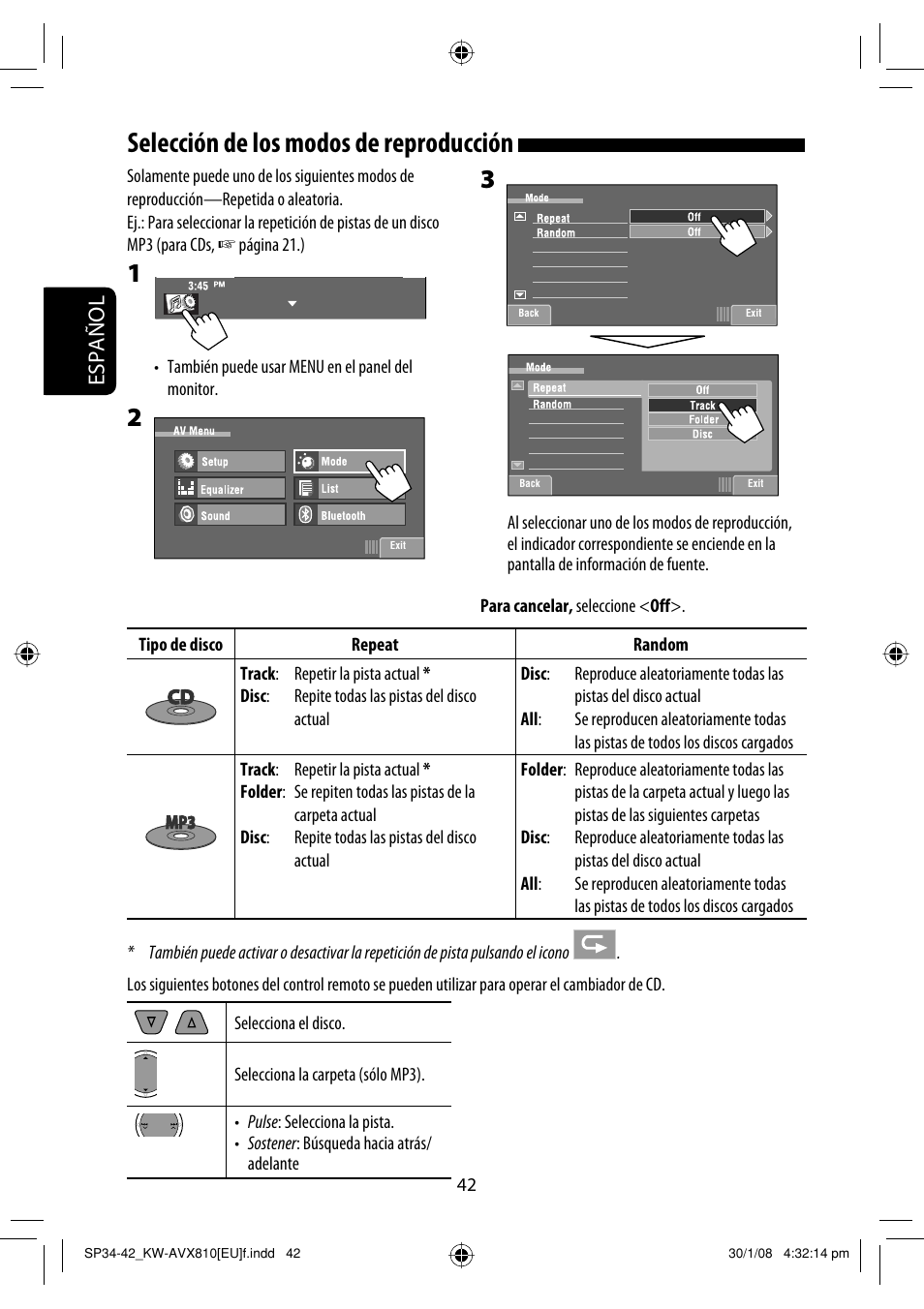 Selección de los modos de reproducción, Español | JVC KW-AVX810 User Manual | Page 116 / 225