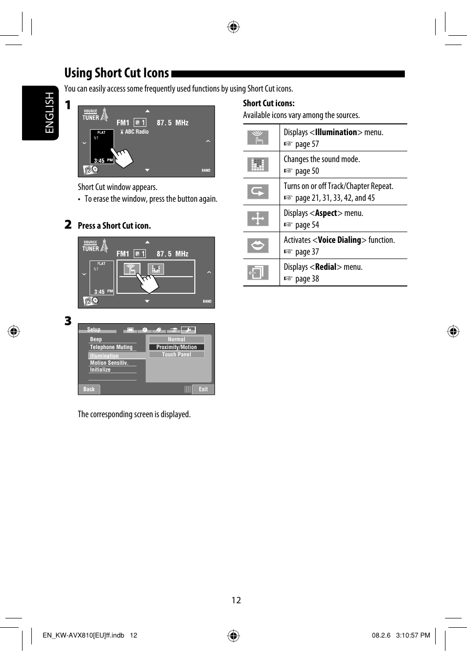 Using short cut icons, English | JVC KW-AVX810 User Manual | Page 12 / 225