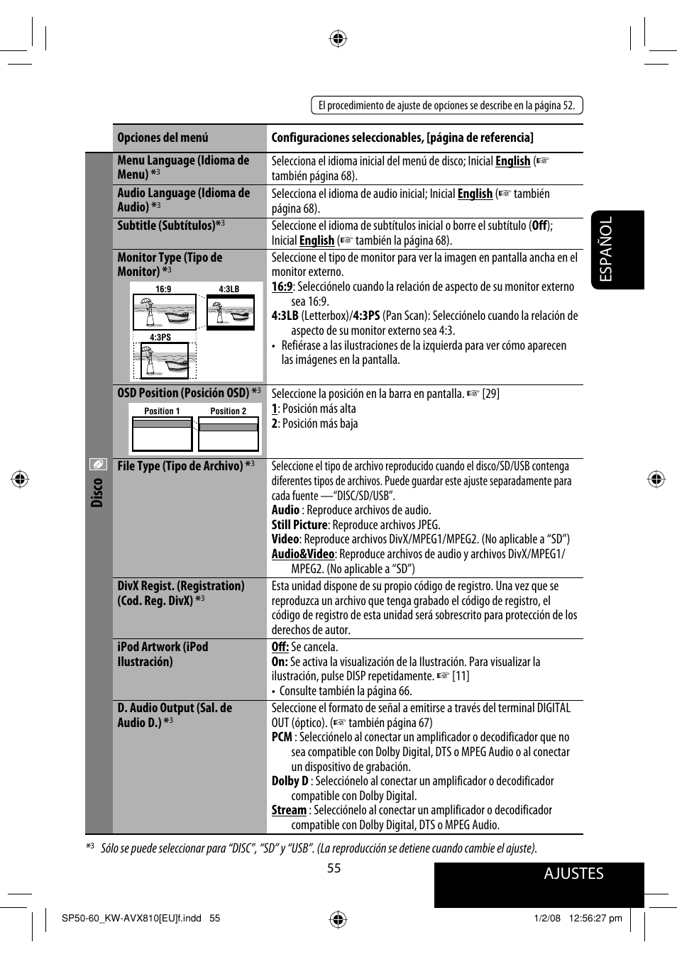 Ajustes, Español, Disco | JVC KW-AVX810 User Manual | Page 129 / 225