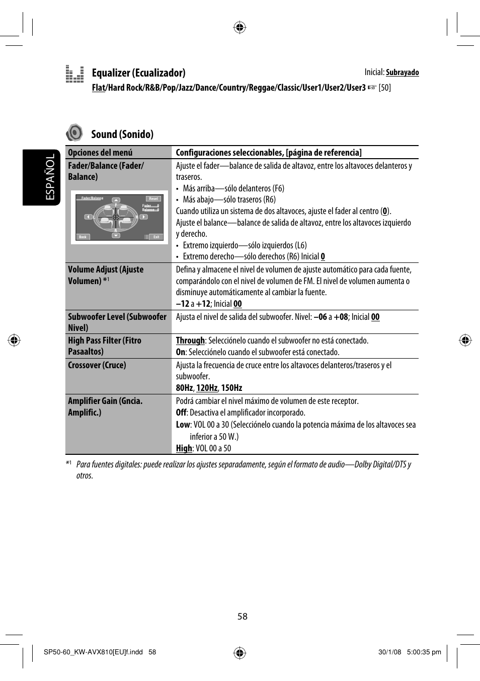 Español equalizer (ecualizador), Sound (sonido) | JVC KW-AVX810 User Manual | Page 132 / 225