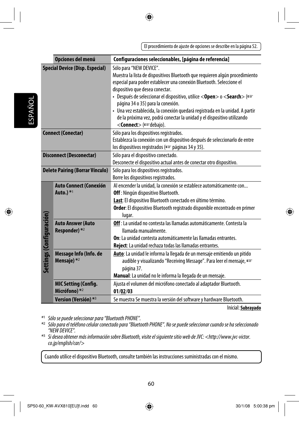 Español, Settings (configuración) | JVC KW-AVX810 User Manual | Page 134 / 225