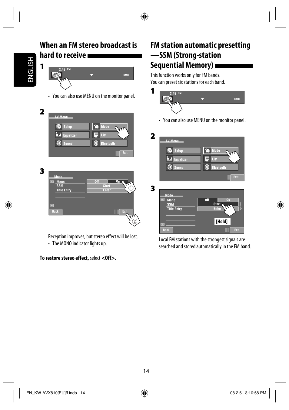 When an fm stereo broadcast is hard to receive, English | JVC KW-AVX810 User Manual | Page 14 / 225