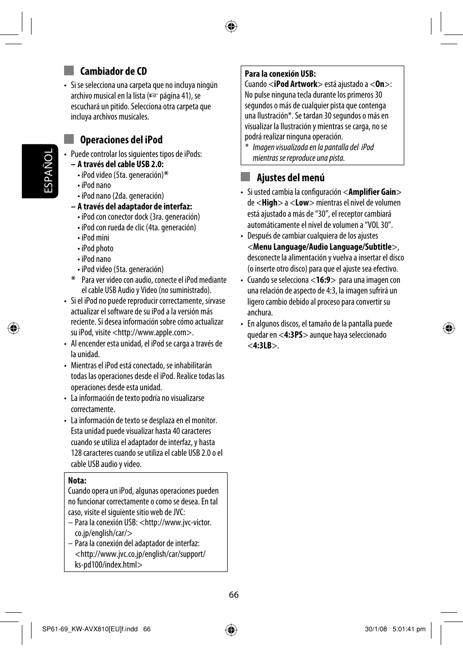 Español cambiador de cd, Operaciones del ipod, Ajustes del menú | JVC KW-AVX810 User Manual | Page 140 / 225