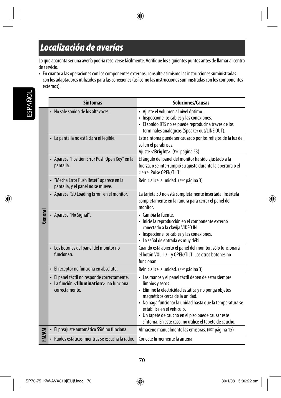 Localización de averías, Español | JVC KW-AVX810 User Manual | Page 144 / 225