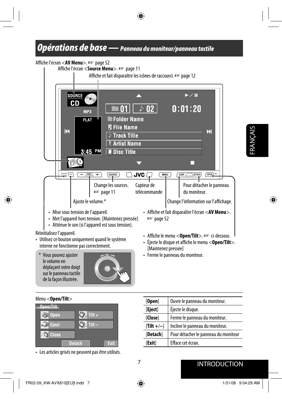 Opérations de base, Français introduction, Panneau du moniteur/panneau tactile | JVC KW-AVX810 User Manual | Page 155 / 225