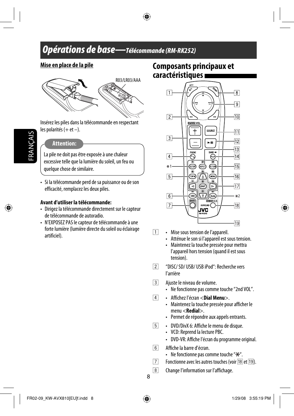 Opérations de base, Composants principaux et caractéristiques, Français | Télécommande (rm-rk252) | JVC KW-AVX810 User Manual | Page 156 / 225