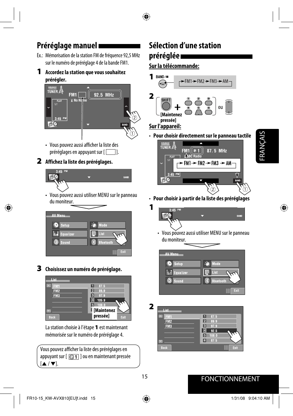 Préréglage manuel, Sélection d’une station préréglée, Fonctionnement | Français | JVC KW-AVX810 User Manual | Page 163 / 225