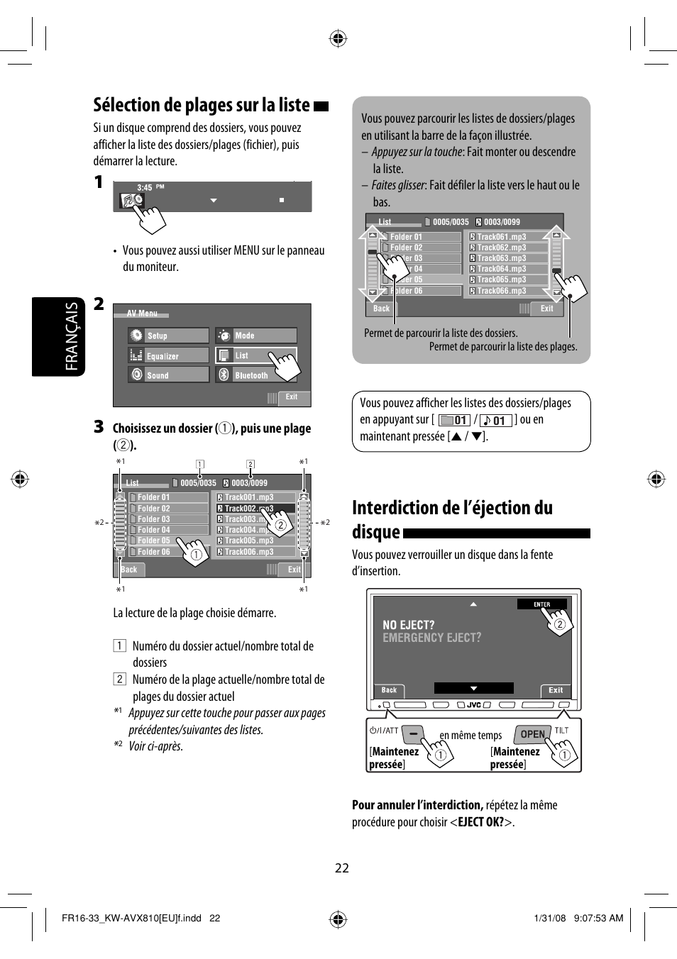 Sélection de plages sur la liste, Interdiction de l’éjection du disque, Français | JVC KW-AVX810 User Manual | Page 170 / 225