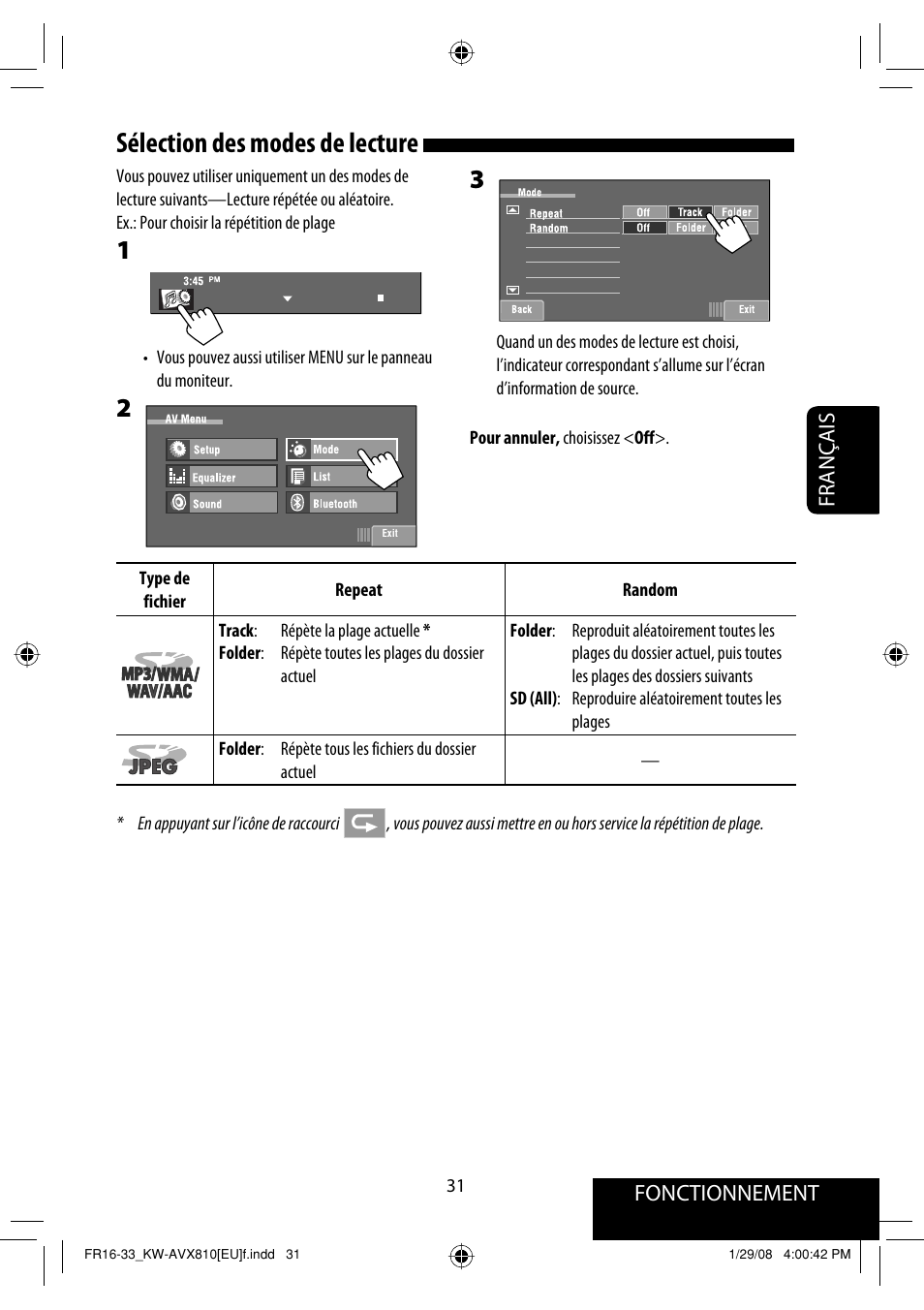 Sélection des modes de lecture, Fonctionnement, Français | JVC KW-AVX810 User Manual | Page 179 / 225