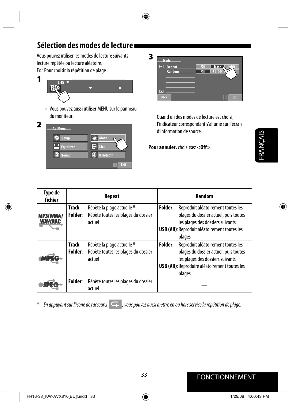 Sélection des modes de lecture, Fonctionnement, Français | JVC KW-AVX810 User Manual | Page 181 / 225