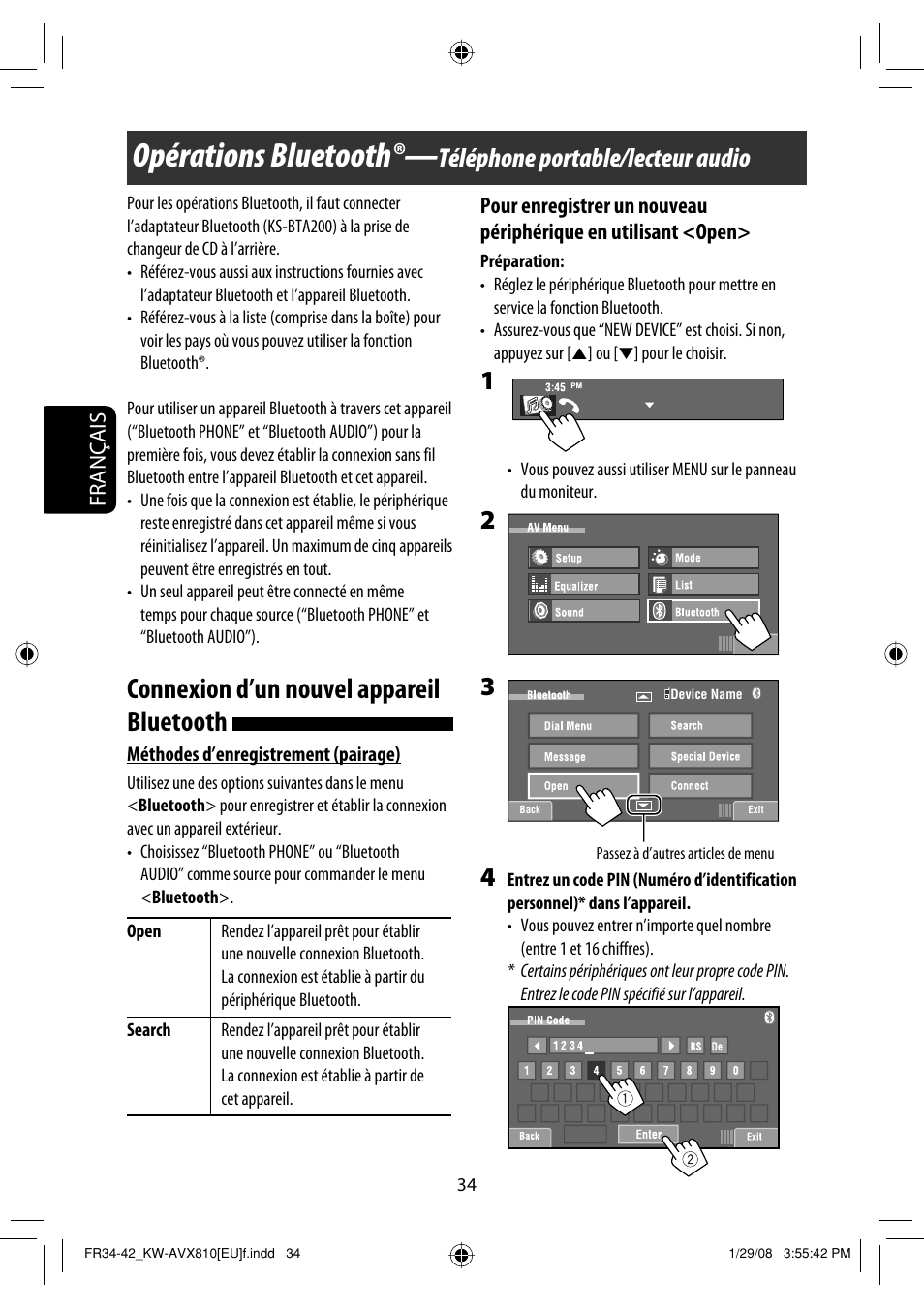 Opérations bluetooth, Connexion d’un nouvel appareil bluetooth, Téléphone portable/lecteur audio | Français | JVC KW-AVX810 User Manual | Page 182 / 225