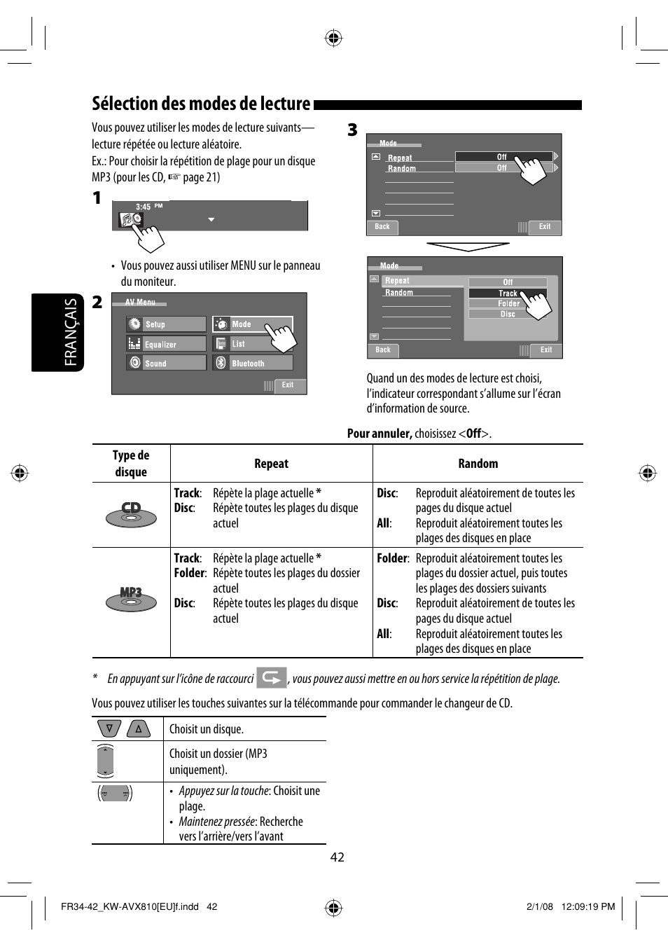 Sélection des modes de lecture, Français | JVC KW-AVX810 User Manual | Page 190 / 225