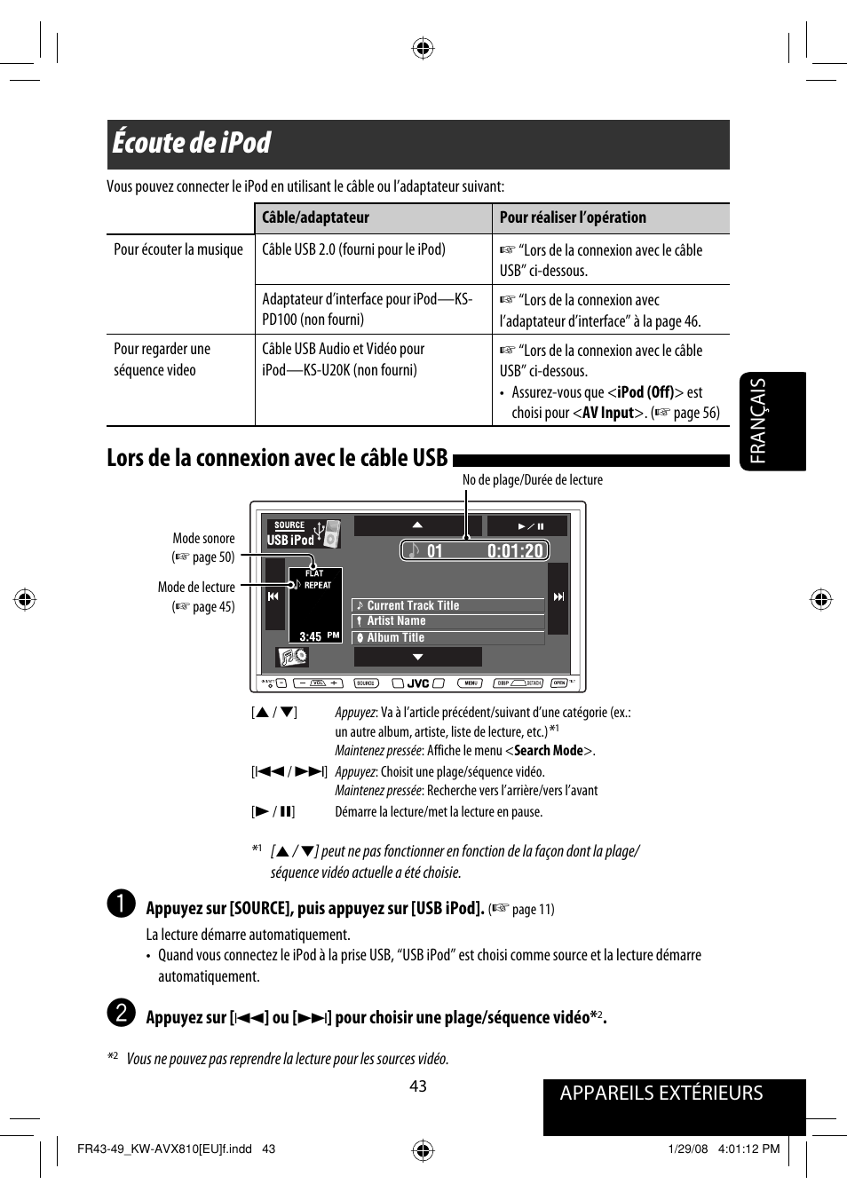 Écoute de ipod, Lors de la connexion avec le câble usb, Appareils extérieurs | Français | JVC KW-AVX810 User Manual | Page 191 / 225