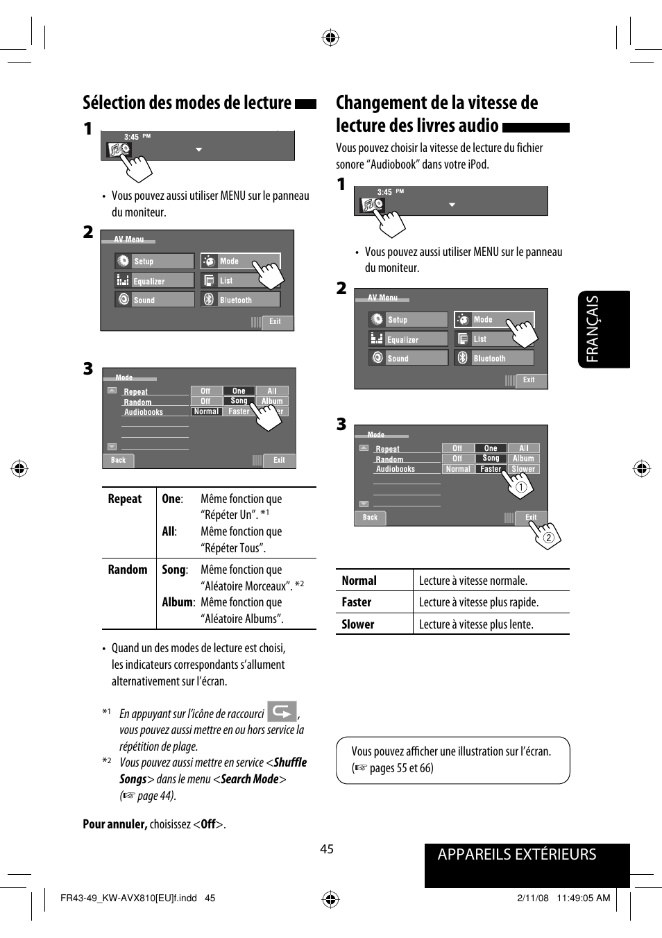 Sélection des modes de lecture, Appareils extérieurs, Français | JVC KW-AVX810 User Manual | Page 193 / 225