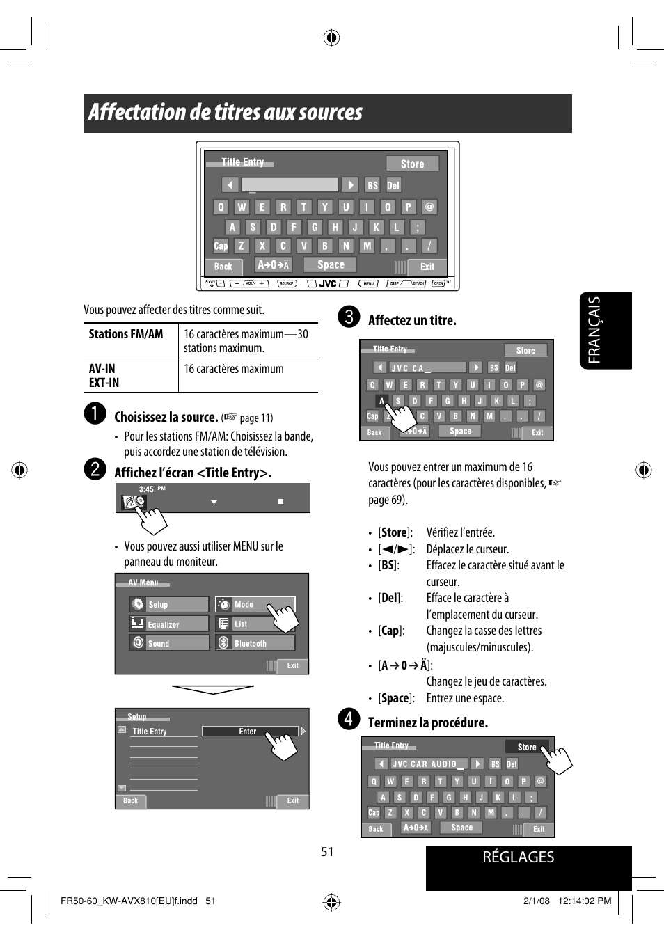 Affectation de titres aux sources, Réglages, Français | JVC KW-AVX810 User Manual | Page 199 / 225