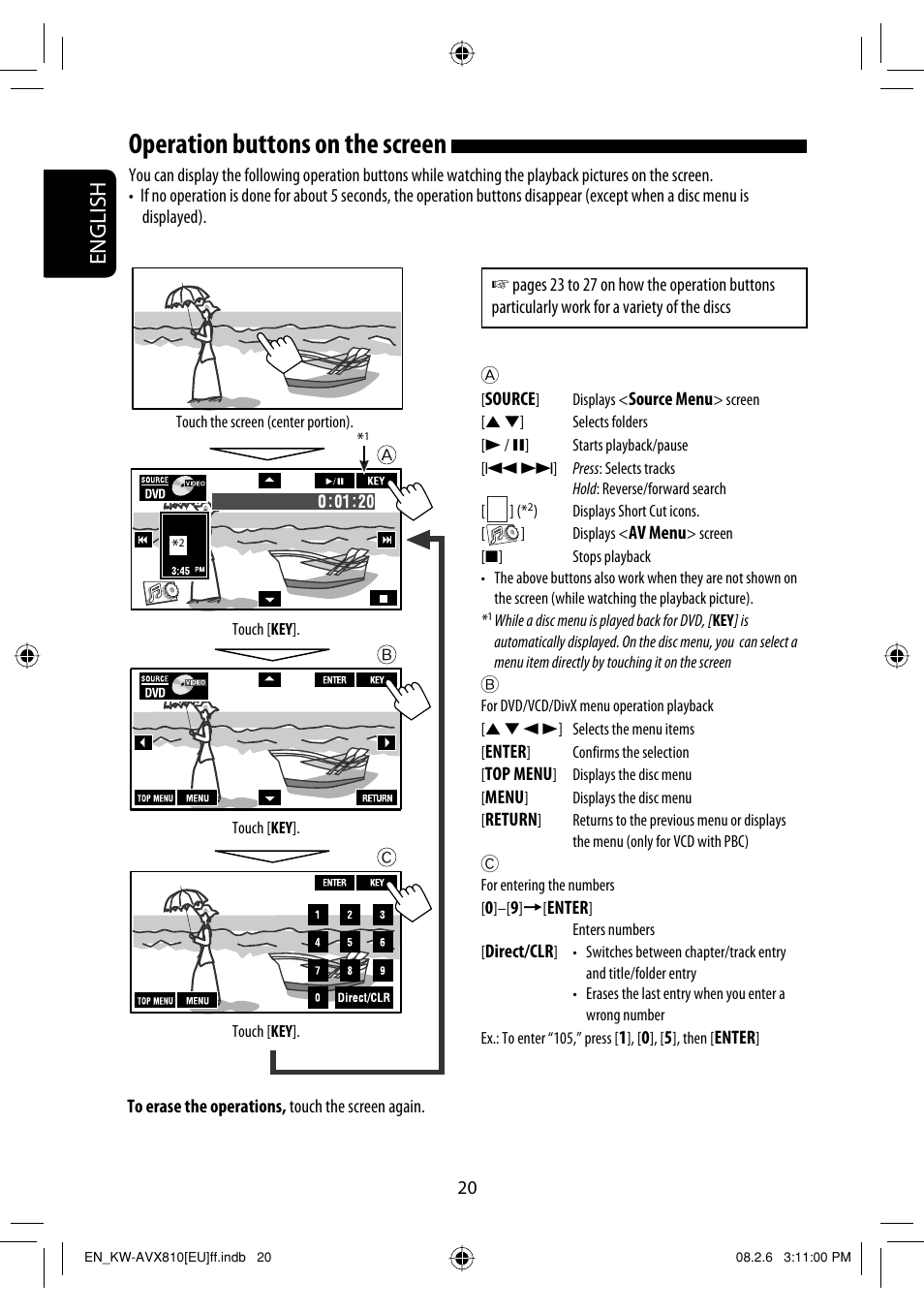 Operation buttons on the screen, English | JVC KW-AVX810 User Manual | Page 20 / 225