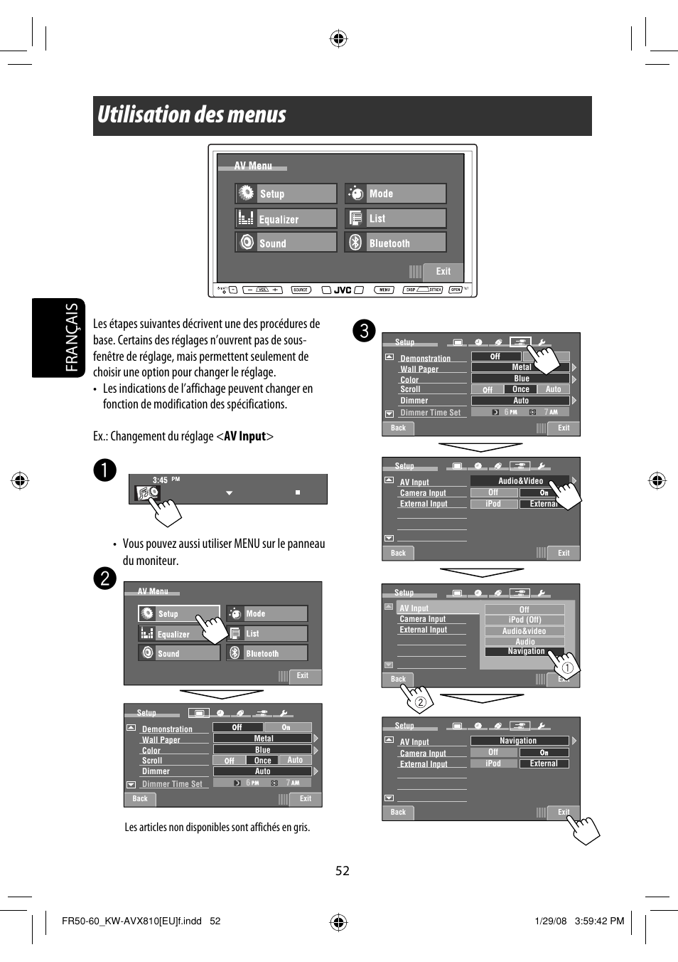 Utilisation des menus, Français | JVC KW-AVX810 User Manual | Page 200 / 225