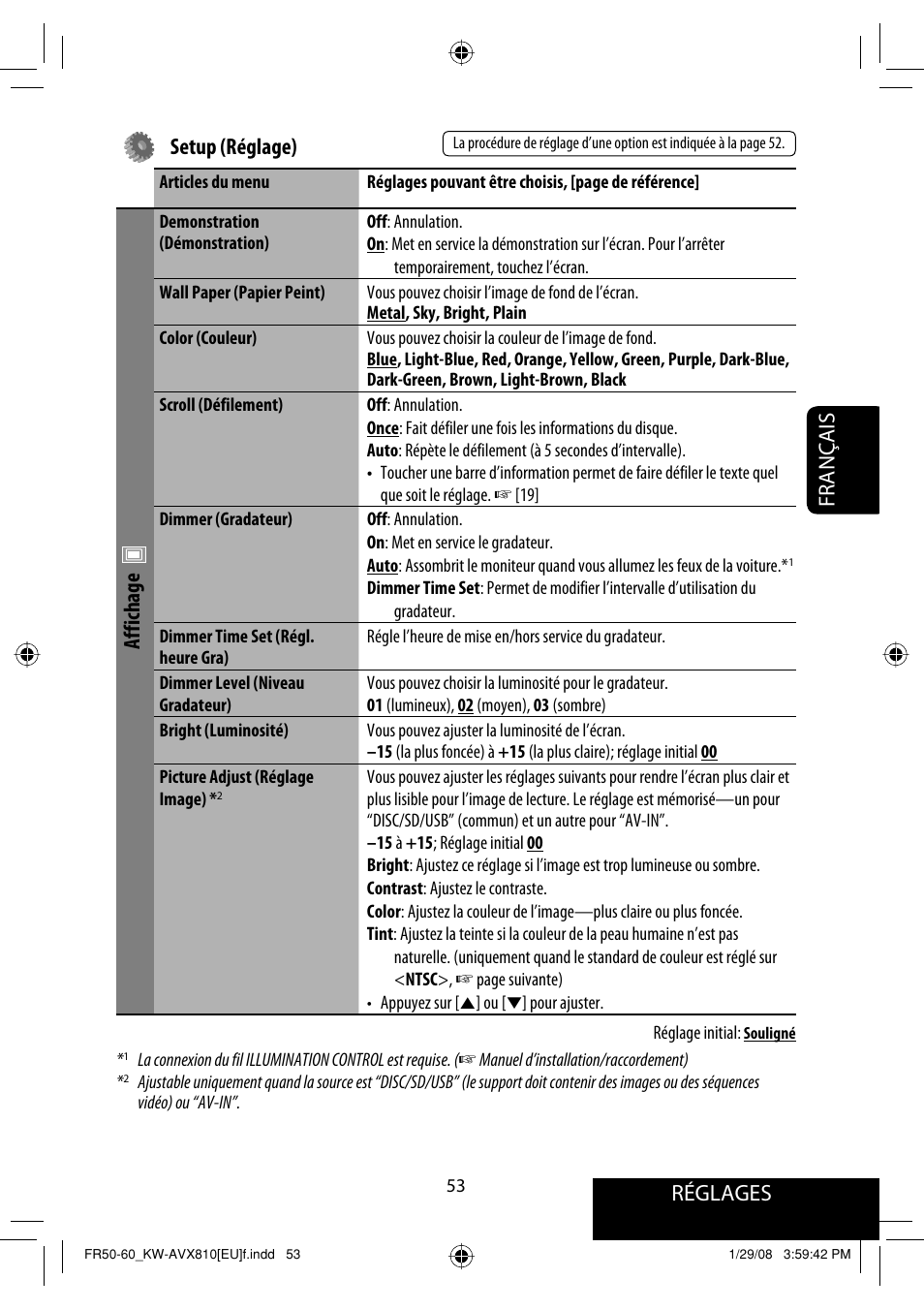 Réglages, Français setup (réglage), Affichage | JVC KW-AVX810 User Manual | Page 201 / 225