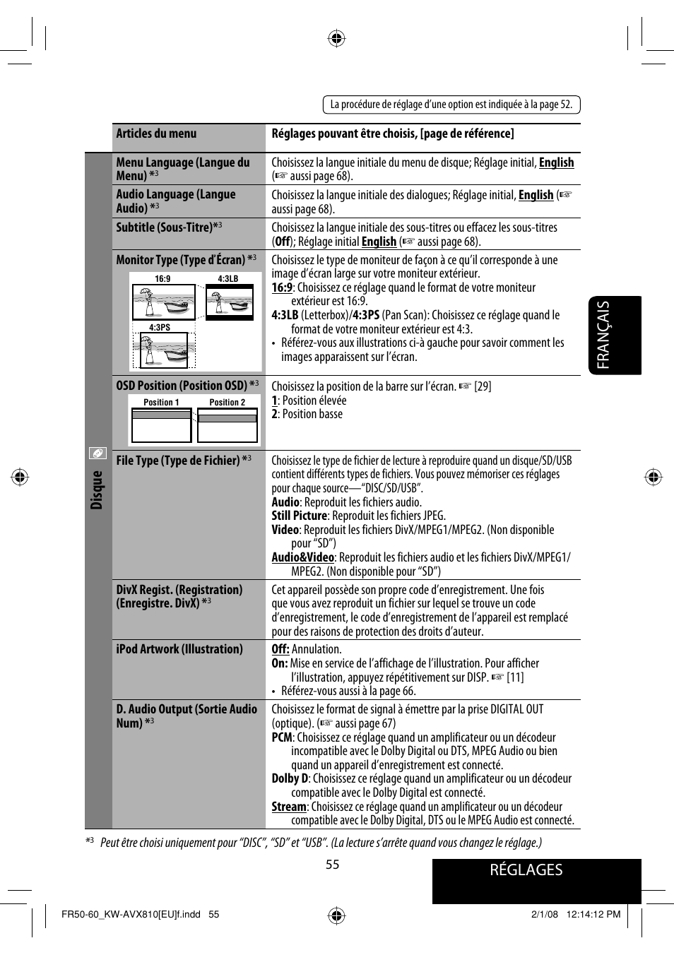 Réglages, Français, Disque | JVC KW-AVX810 User Manual | Page 203 / 225