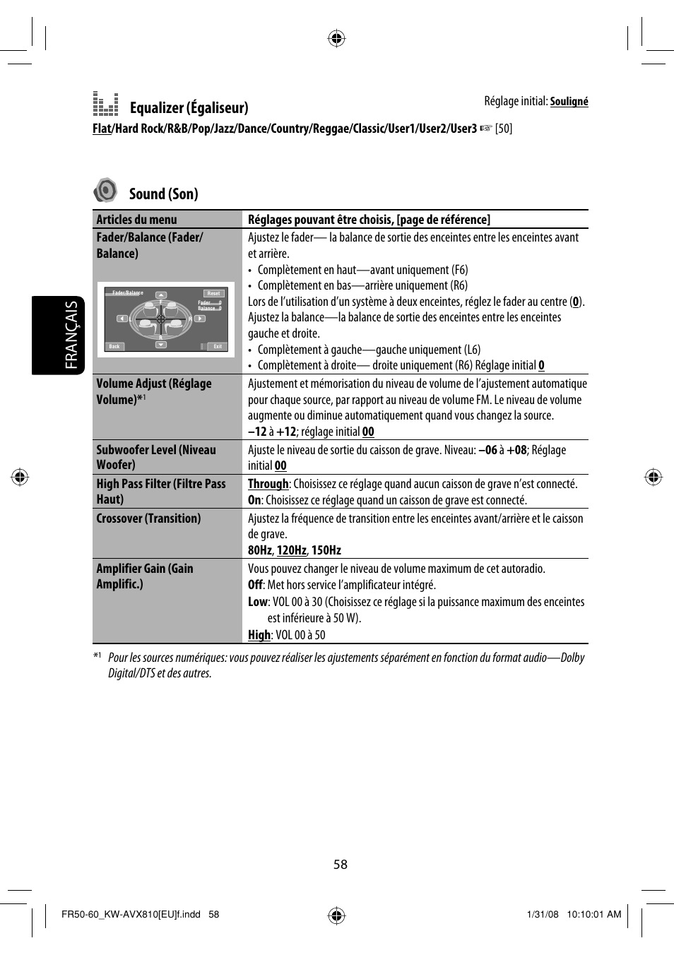 Français equalizer (égaliseur), Sound (son) | JVC KW-AVX810 User Manual | Page 206 / 225