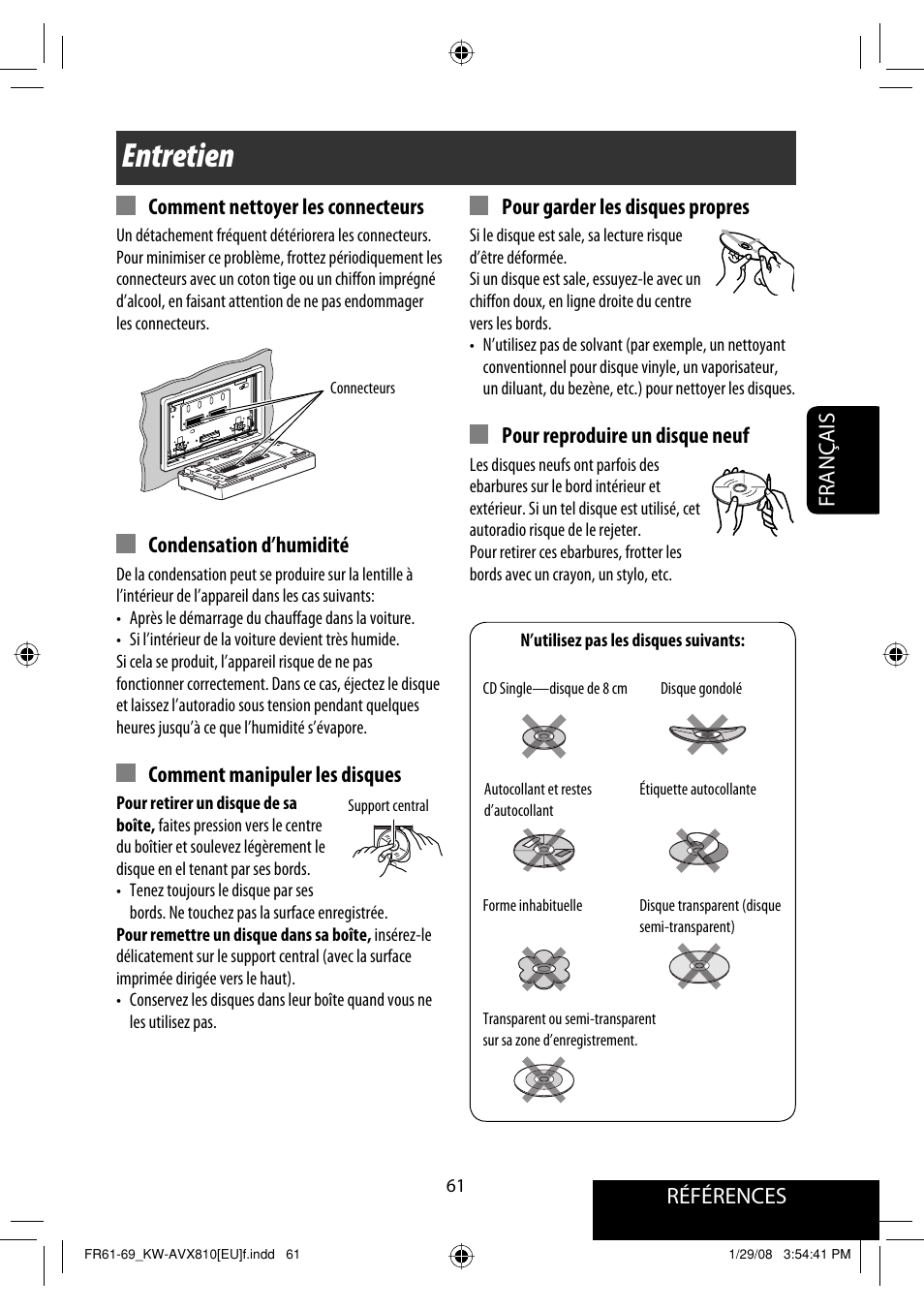 Entretien, Références français, Comment nettoyer les connecteurs | Condensation d’humidité, Comment manipuler les disques, Pour garder les disques propres, Pour reproduire un disque neuf | JVC KW-AVX810 User Manual | Page 209 / 225