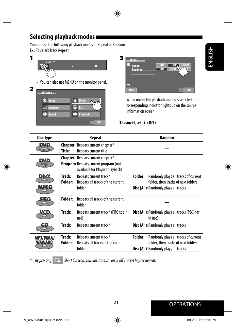 Selecting playback modes, Operations, English | JVC KW-AVX810 User Manual | Page 21 / 225