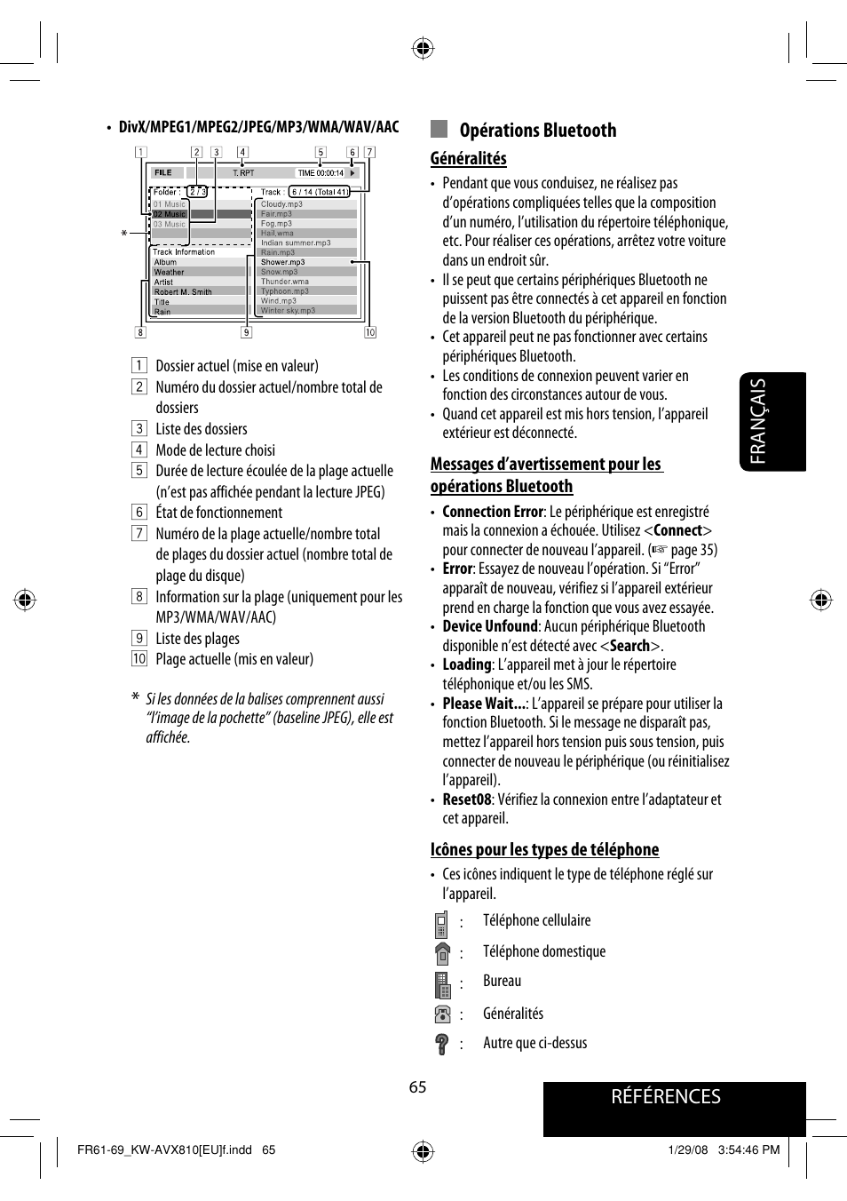 Références français opérations bluetooth | JVC KW-AVX810 User Manual | Page 213 / 225