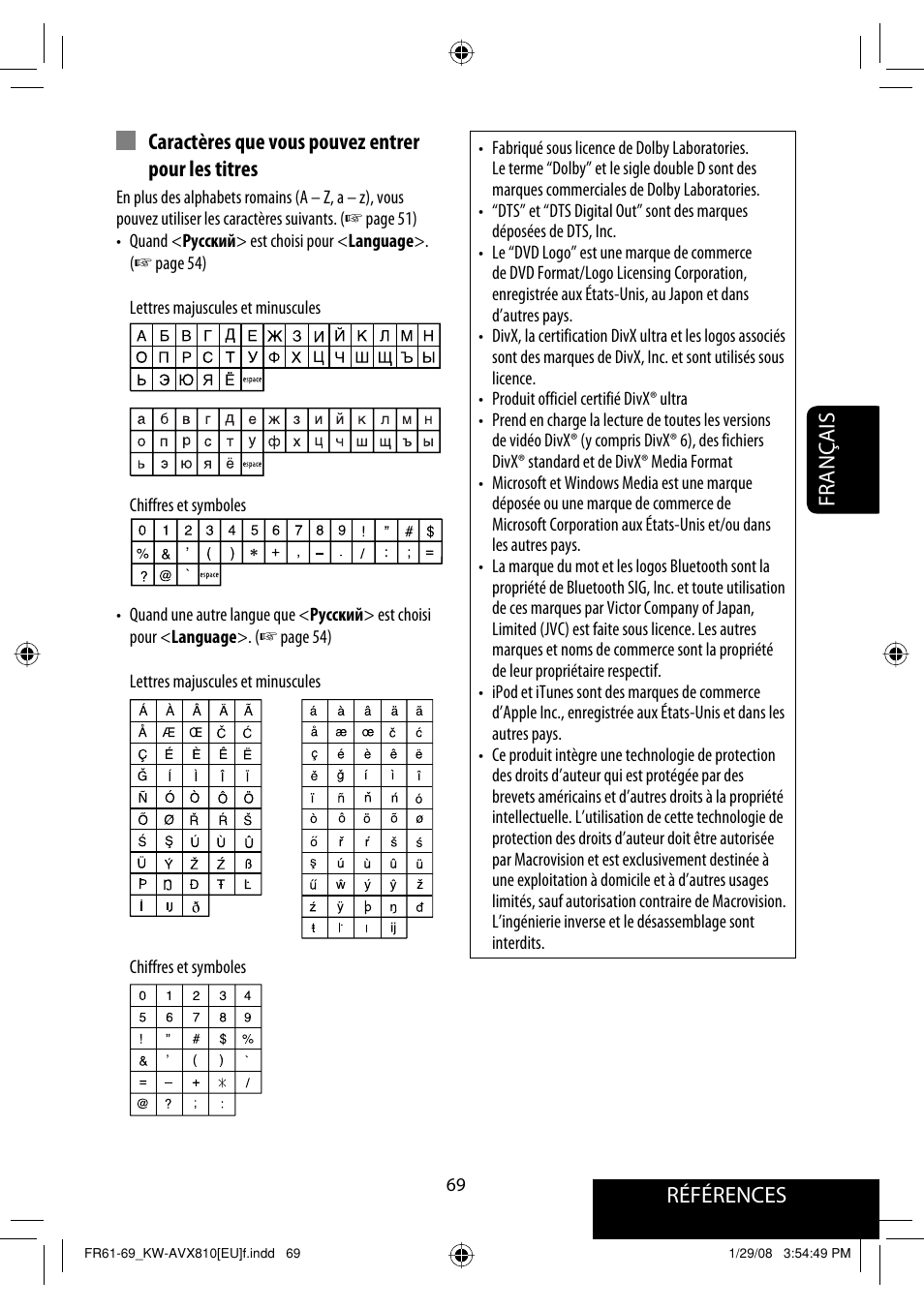 Références français, Caractères que vous pouvez entrer pour les titres | JVC KW-AVX810 User Manual | Page 217 / 225