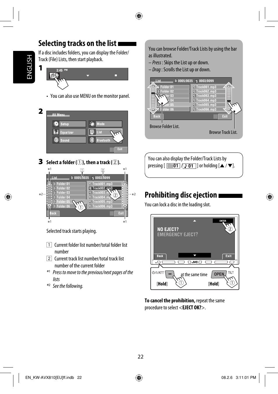 Selecting tracks on the list, Prohibiting disc ejection, English | JVC KW-AVX810 User Manual | Page 22 / 225