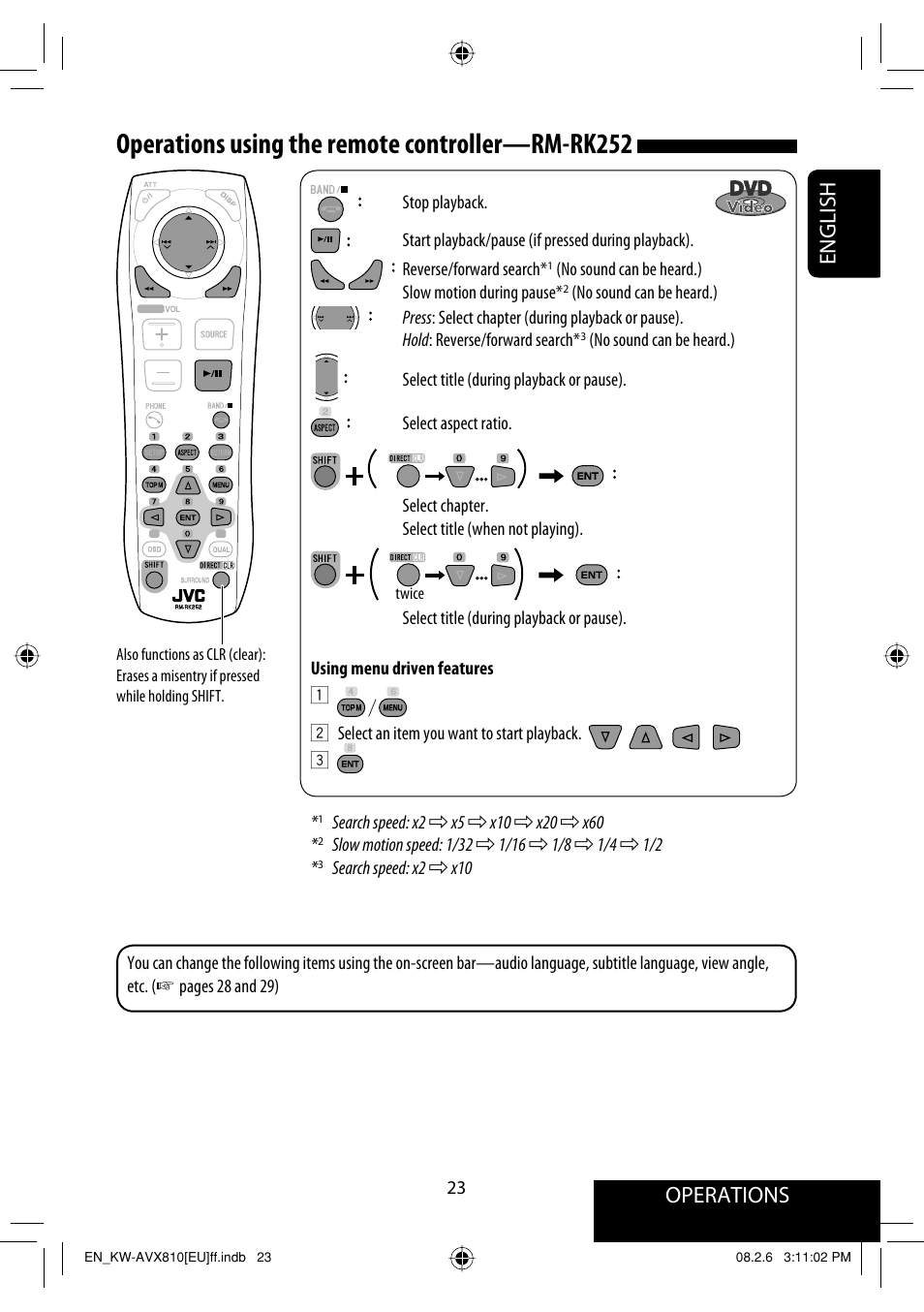 Operations using the remote controller—rm-rk252, Operations, English | JVC KW-AVX810 User Manual | Page 23 / 225