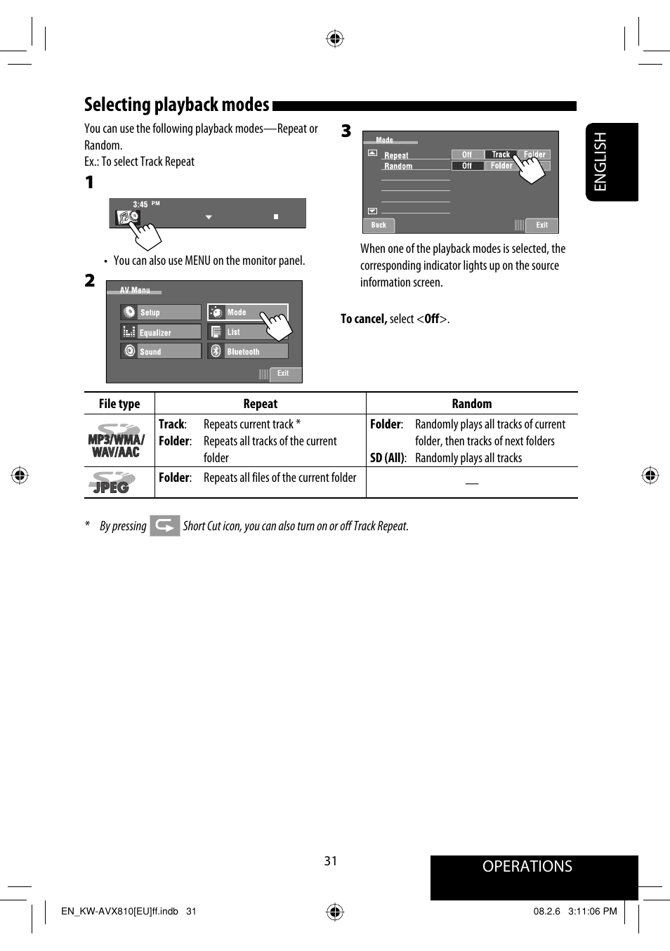 Selecting playback modes, Operations, English | JVC KW-AVX810 User Manual | Page 31 / 225