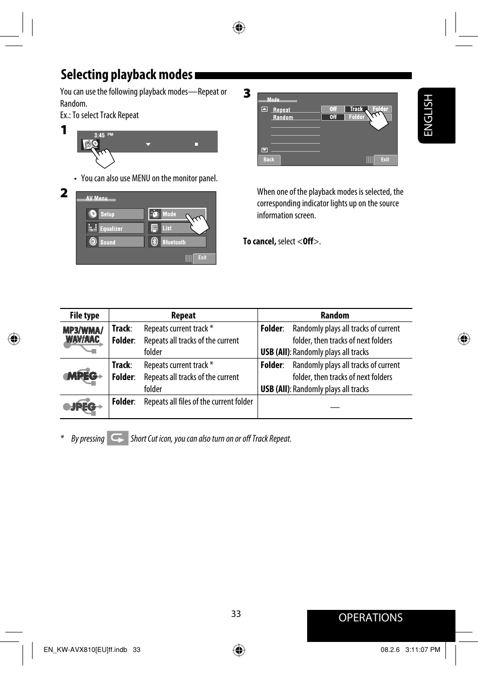 Selecting playback modes, Operations, English | JVC KW-AVX810 User Manual | Page 33 / 225