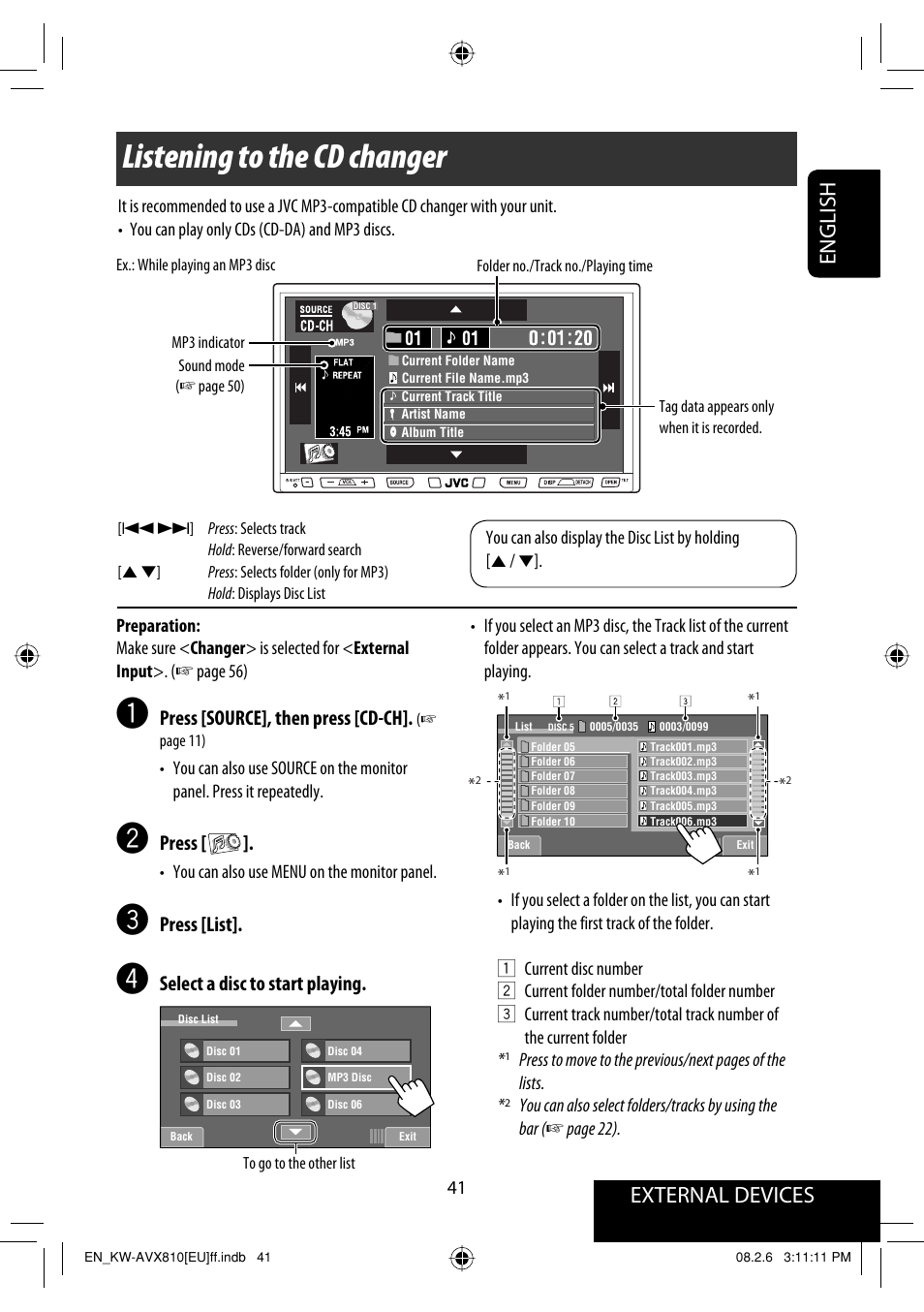 Listening to the cd changer, External devices english, Press [source], then press [cd-ch | Press, Press [list, Select a disc to start playing | JVC KW-AVX810 User Manual | Page 41 / 225