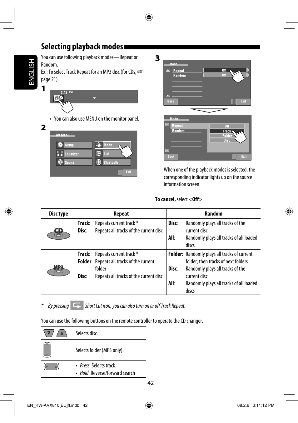 Selecting playback modes, English | JVC KW-AVX810 User Manual | Page 42 / 225