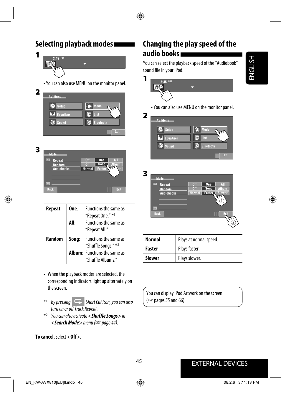 Changing the play speed of the audio books, Selecting playback modes, External devices english | JVC KW-AVX810 User Manual | Page 45 / 225