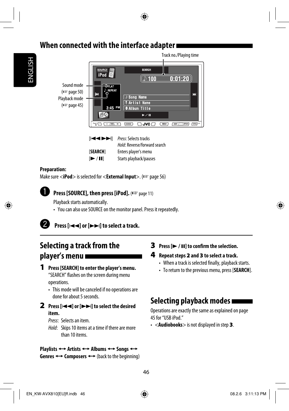 When connected with the interface adapter, Selecting playback modes, Selecting a track from the player’s menu | JVC KW-AVX810 User Manual | Page 46 / 225