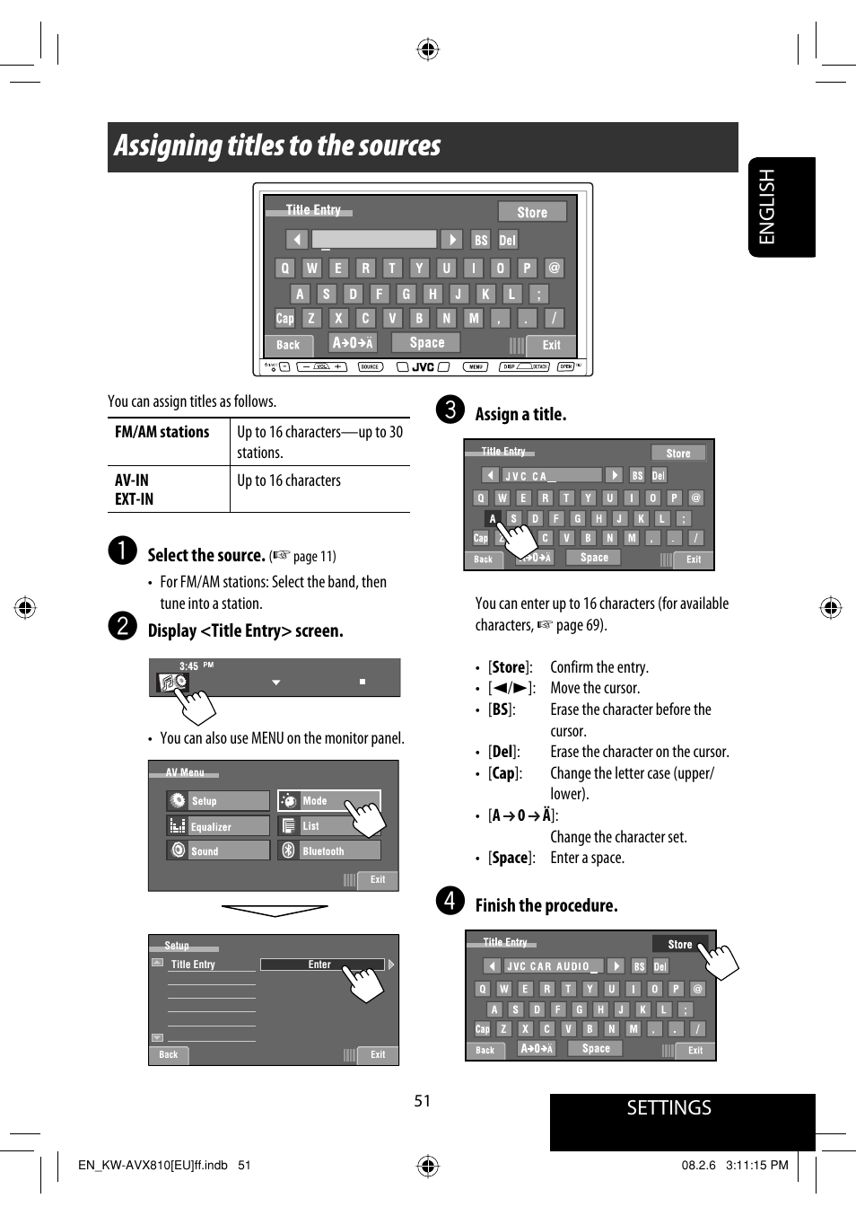 Assigning titles to the sources, Settings, English | JVC KW-AVX810 User Manual | Page 51 / 225