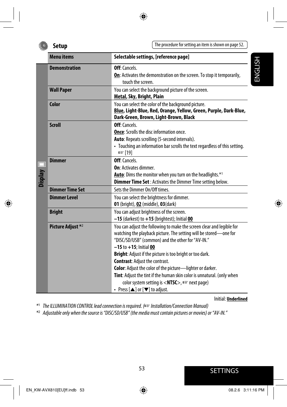 Settings, English setup, Display | JVC KW-AVX810 User Manual | Page 53 / 225