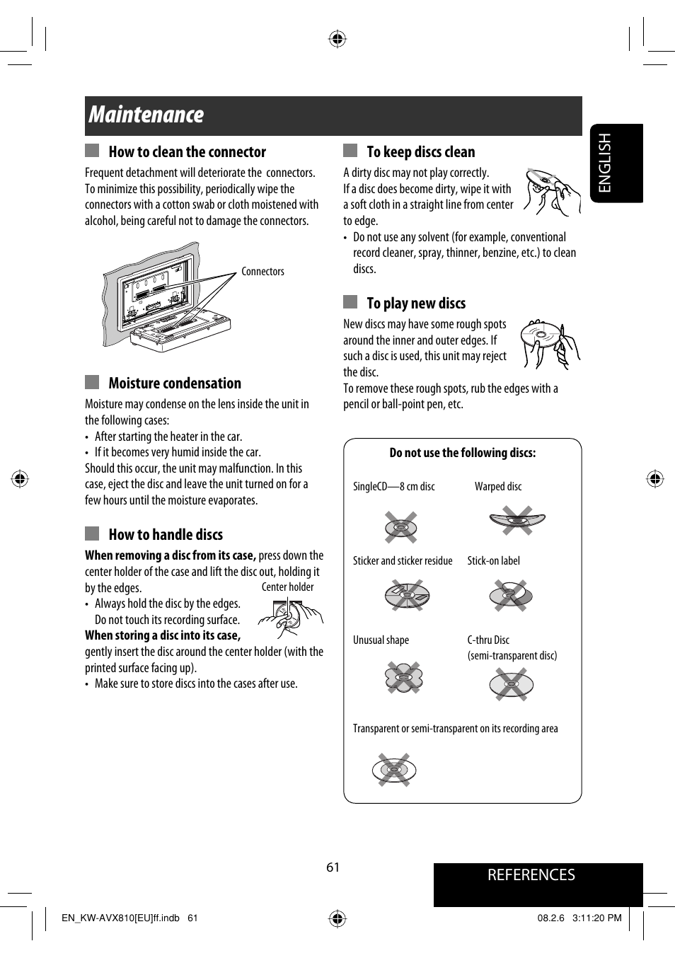 References, Maintenance, References english | How to clean the connector, Moisture condensation, How to handle discs | JVC KW-AVX810 User Manual | Page 61 / 225