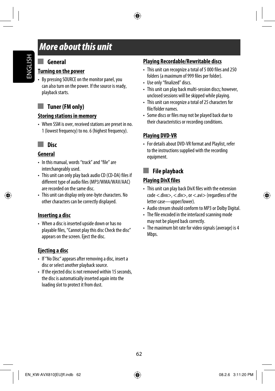 More about this unit, English, General | Tuner (fm only), Disc, File playback | JVC KW-AVX810 User Manual | Page 62 / 225