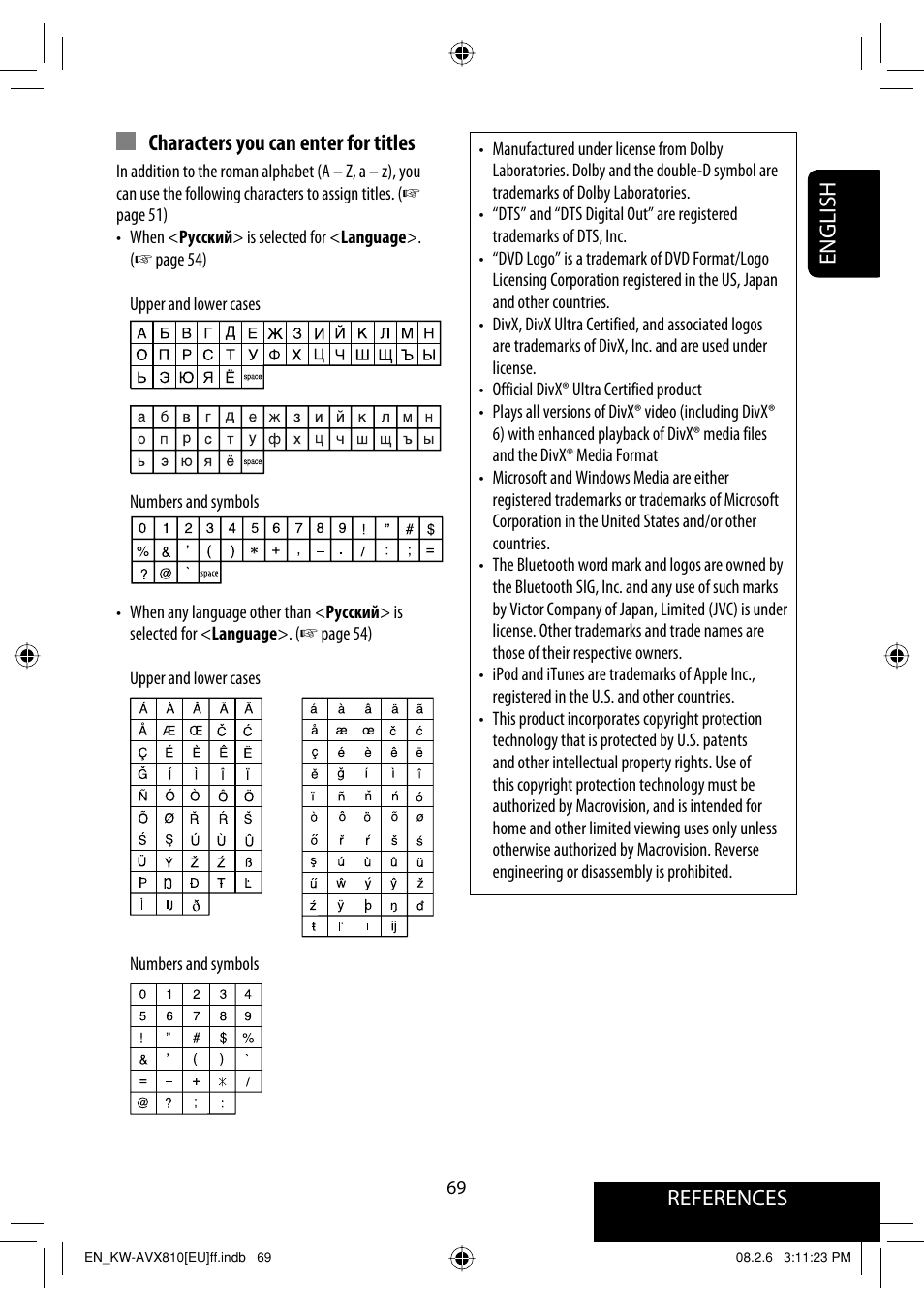 References english, Characters you can enter for titles | JVC KW-AVX810 User Manual | Page 69 / 225